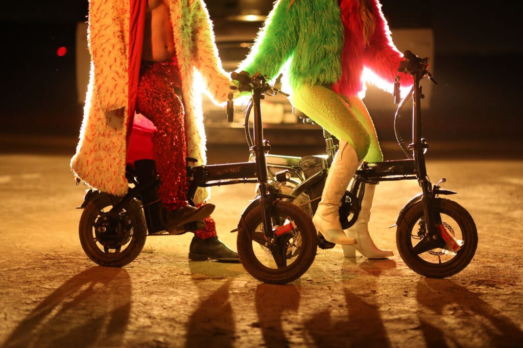 Playa eBikes fat-tire electric bikes parked on the playa at Burning Man