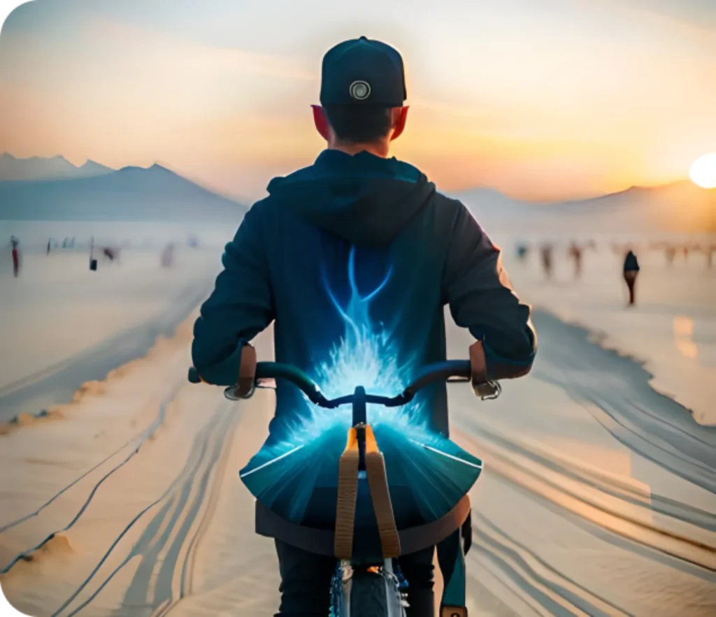A burner riding a Playa eBikes electric bike on the road to the playa